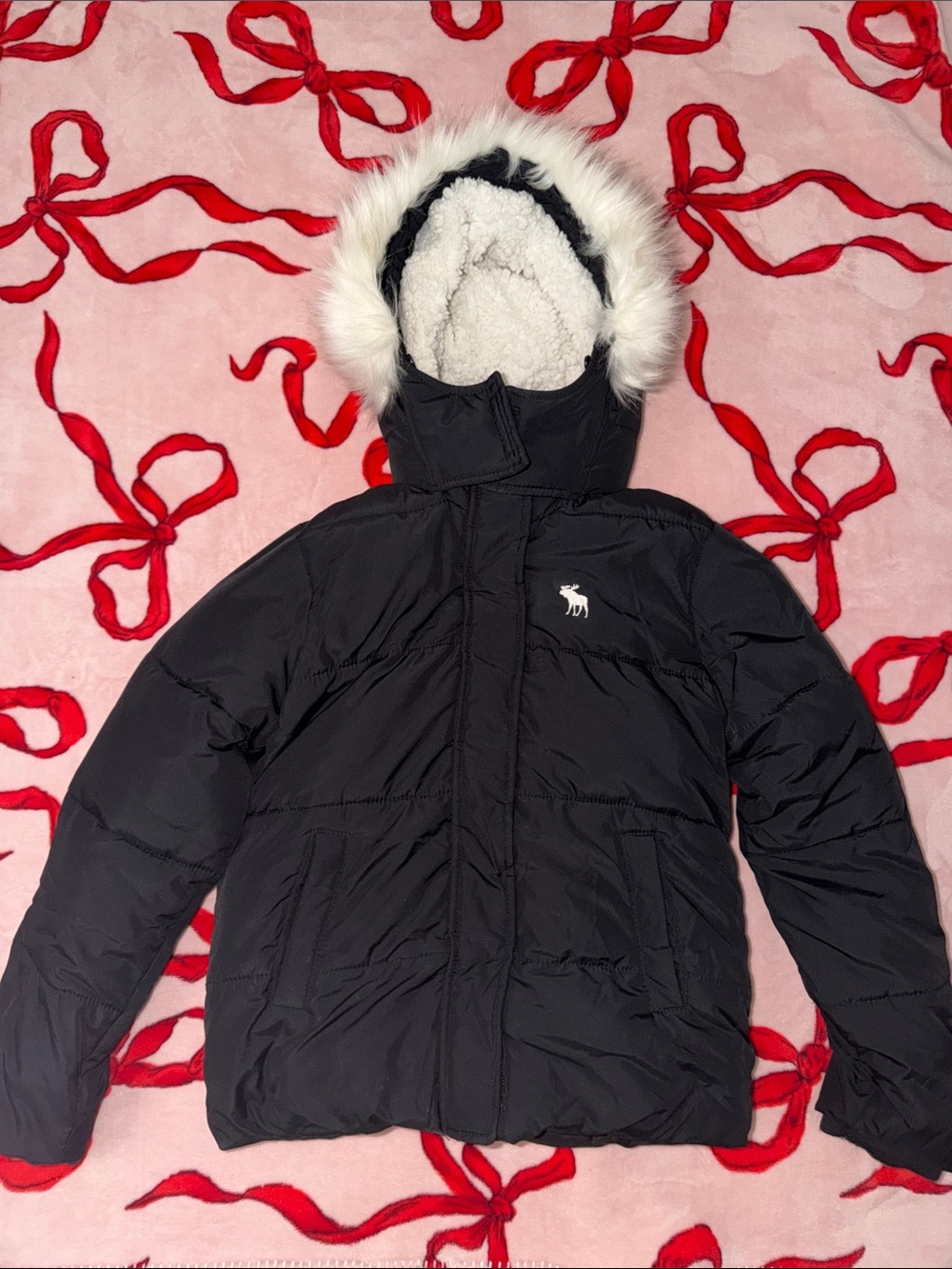 abercrombie kids Black Puffer Jacket with Faux-Fur Trim Hood
